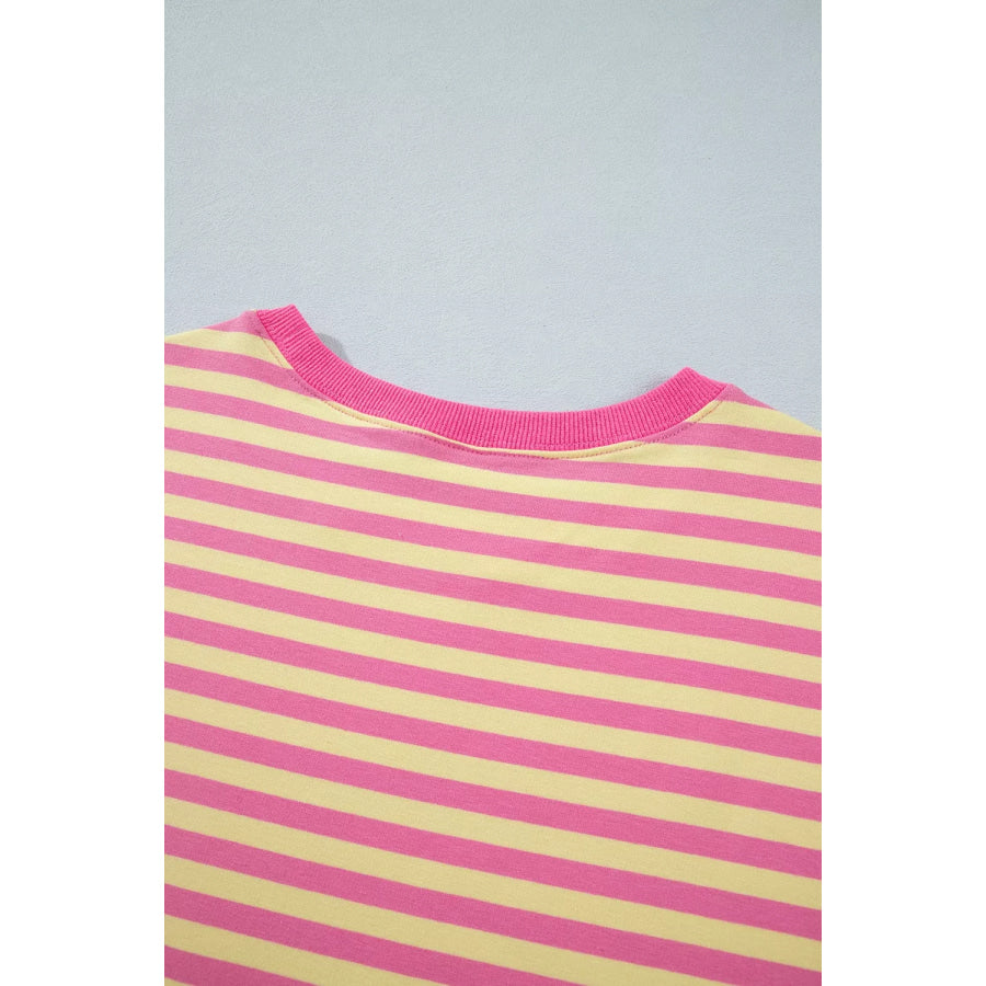 Stripe Colorblock Trim Crew Neck Loose Tee Drawstring Elastic Waist 2pcs Pant Set Apparel and Accessories