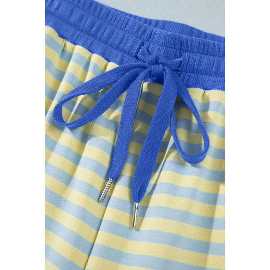 Stripe Colorblock Trim Crew Neck Loose Tee Drawstring Elastic Waist 2pcs Pant Set Apparel and Accessories