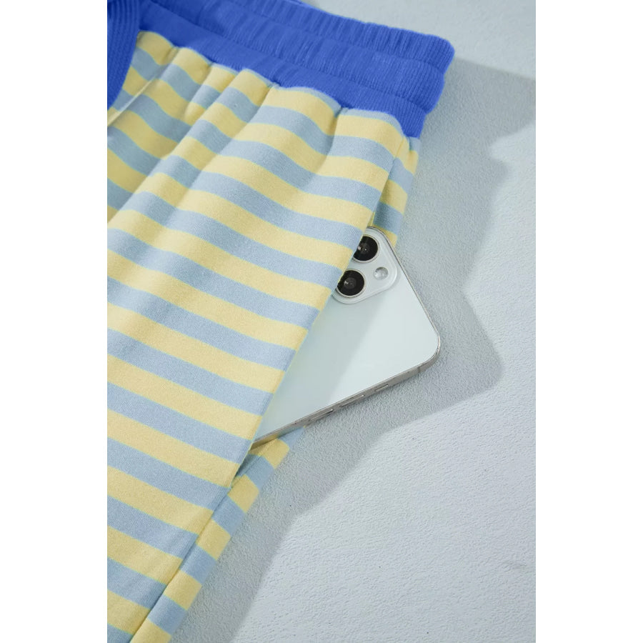 Stripe Colorblock Trim Crew Neck Loose Tee Drawstring Elastic Waist 2pcs Pant Set Apparel and Accessories