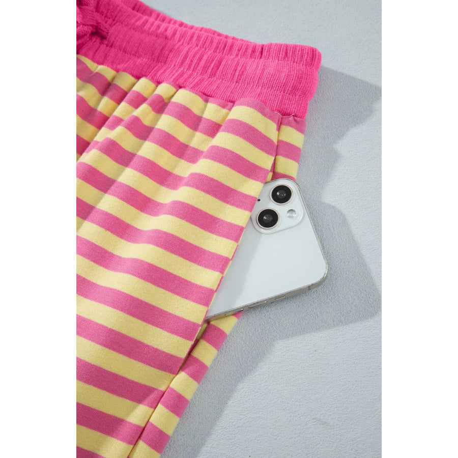 Stripe Colorblock Trim Crew Neck Loose Tee Drawstring Elastic Waist 2pcs Pant Set Apparel and Accessories