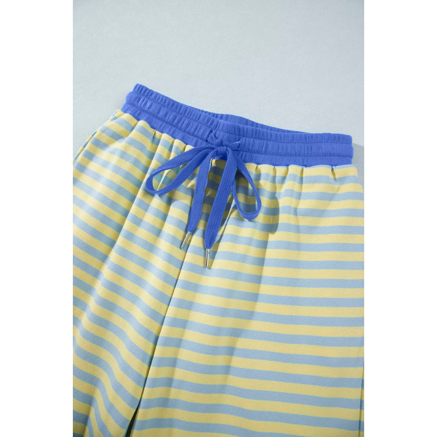 Stripe Colorblock Trim Crew Neck Loose Tee Drawstring Elastic Waist 2pcs Pant Set Apparel and Accessories