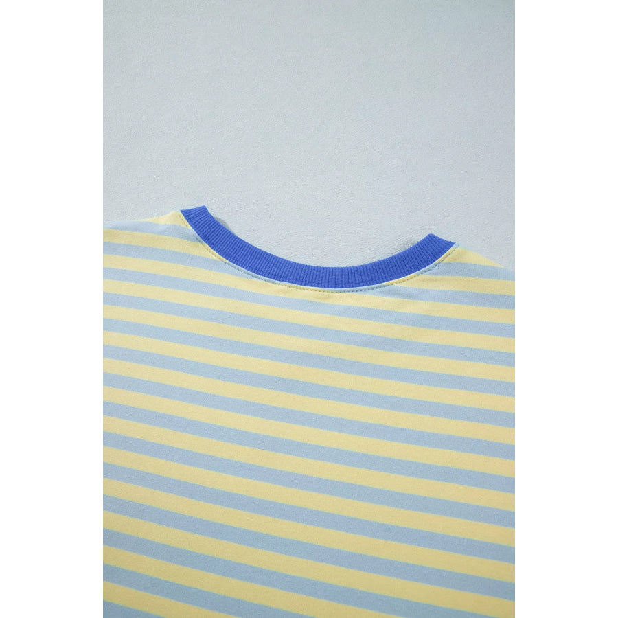 Stripe Colorblock Trim Crew Neck Loose Tee Drawstring Elastic Waist 2pcs Pant Set Apparel and Accessories