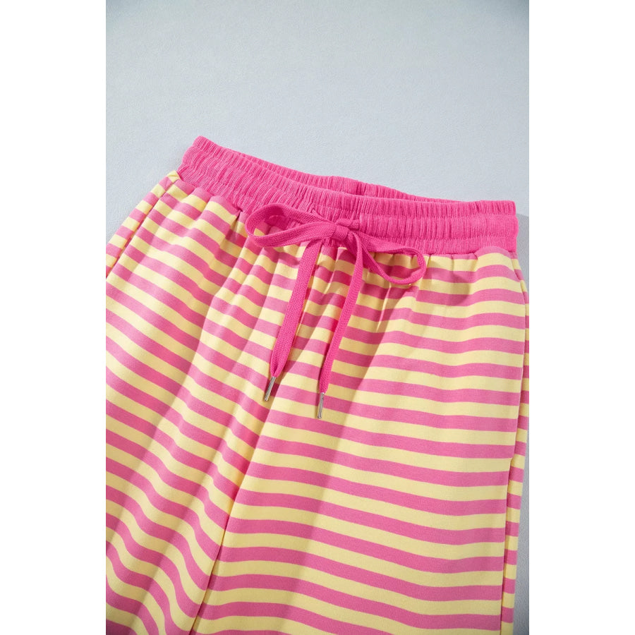 Stripe Colorblock Trim Crew Neck Loose Tee Drawstring Elastic Waist 2pcs Pant Set Apparel and Accessories