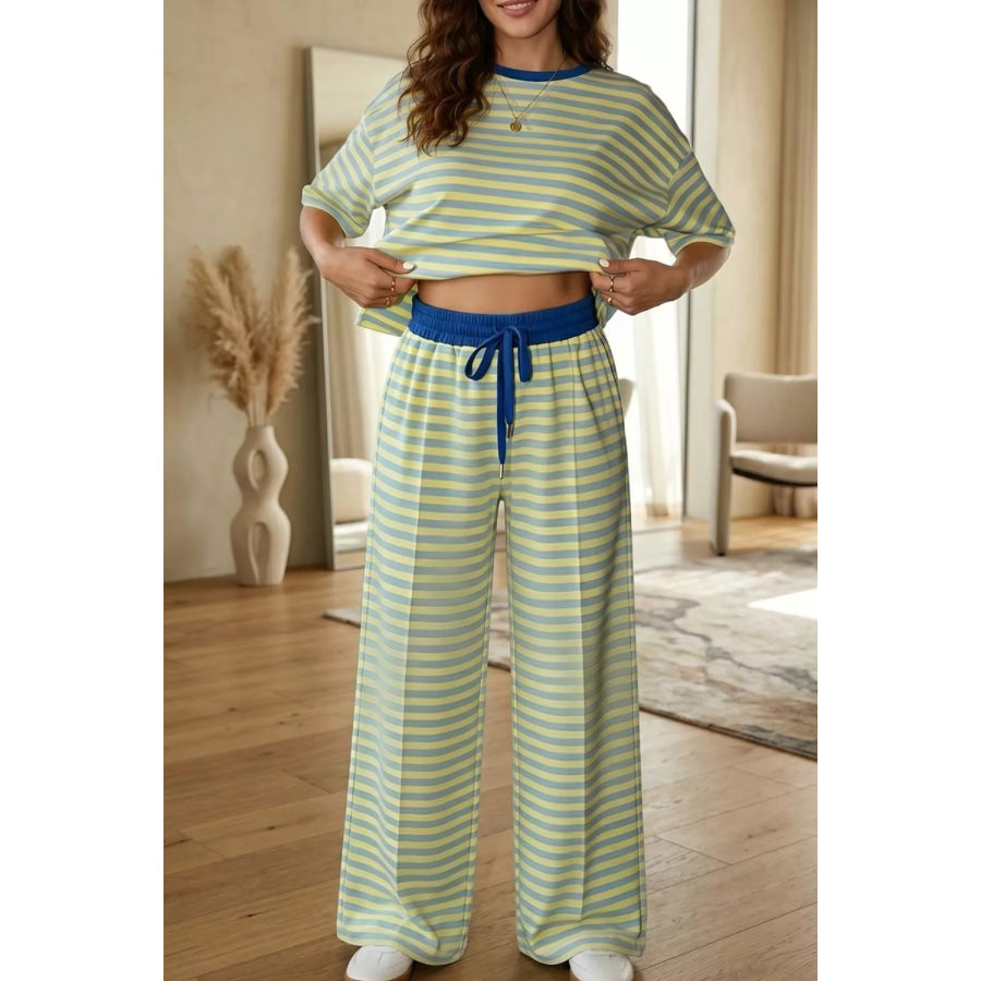 Stripe Colorblock Trim Crew Neck Loose Tee Drawstring Elastic Waist 2pcs Pant Set Sage / S Apparel and Accessories
