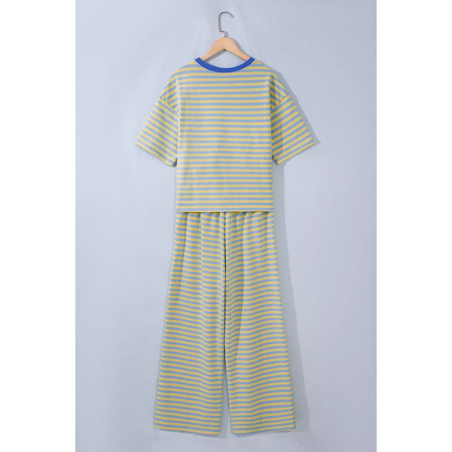 Stripe Colorblock Trim Crew Neck Loose Tee Drawstring Elastic Waist 2pcs Pant Set Apparel and Accessories