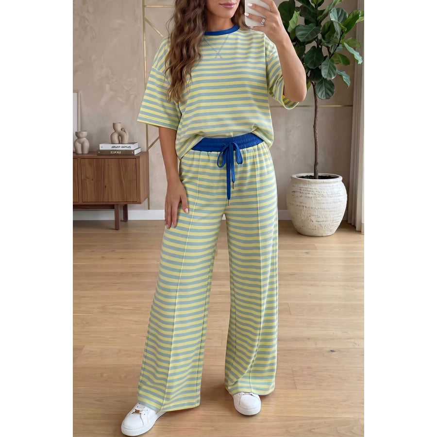 Stripe Colorblock Trim Crew Neck Loose Tee Drawstring Elastic Waist 2pcs Pant Set Sage / S Apparel and Accessories