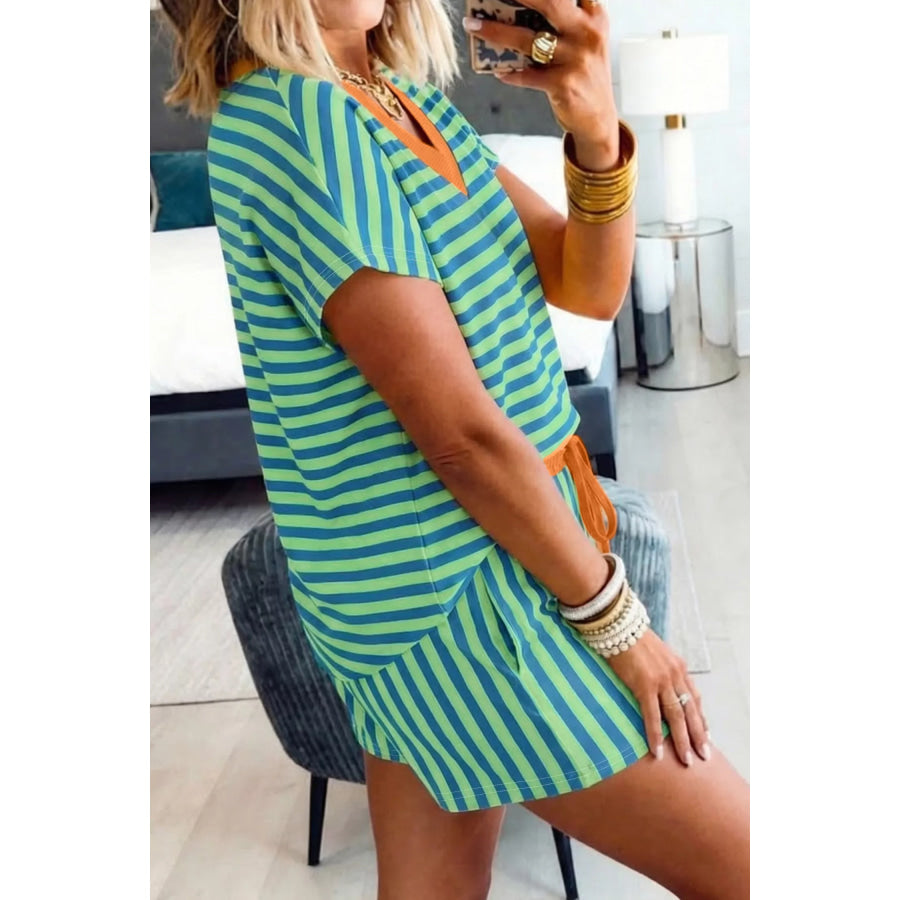 Stripe Colorblock Trim V Neck Tee Drawstring Elastic Waist Short Set Apparel and Accessories