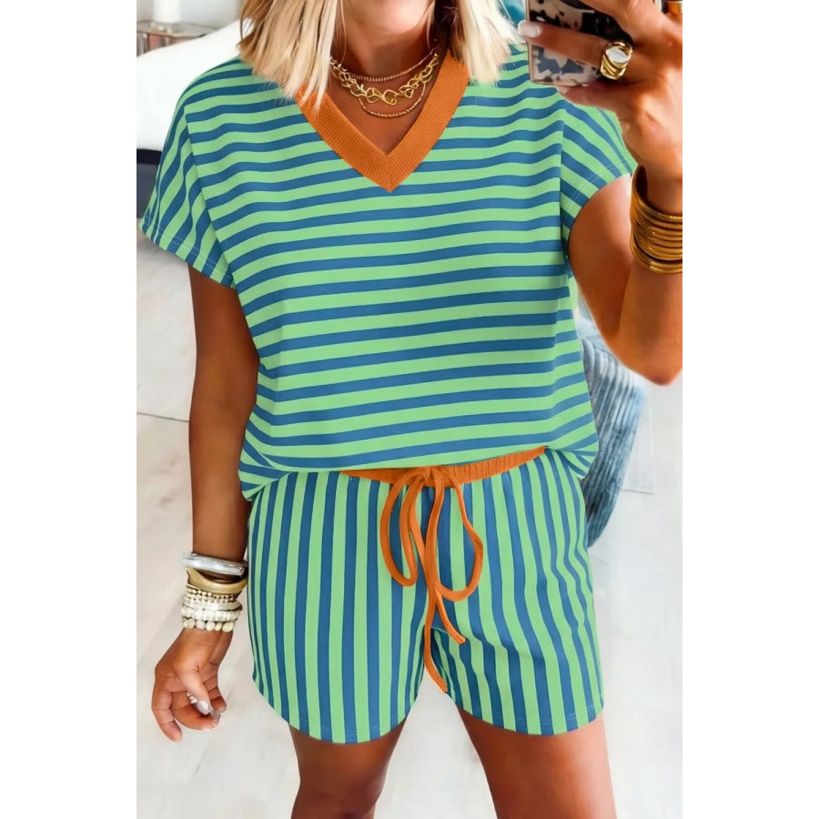Stripe Colorblock Trim V Neck Tee Drawstring Elastic Waist Short Set Apparel and Accessories