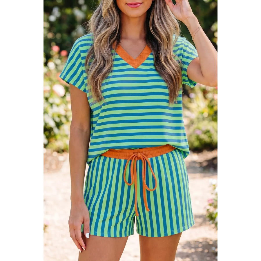 Stripe Colorblock Trim V Neck Tee Drawstring Elastic Waist Short Set Turquoise / S Apparel and Accessories