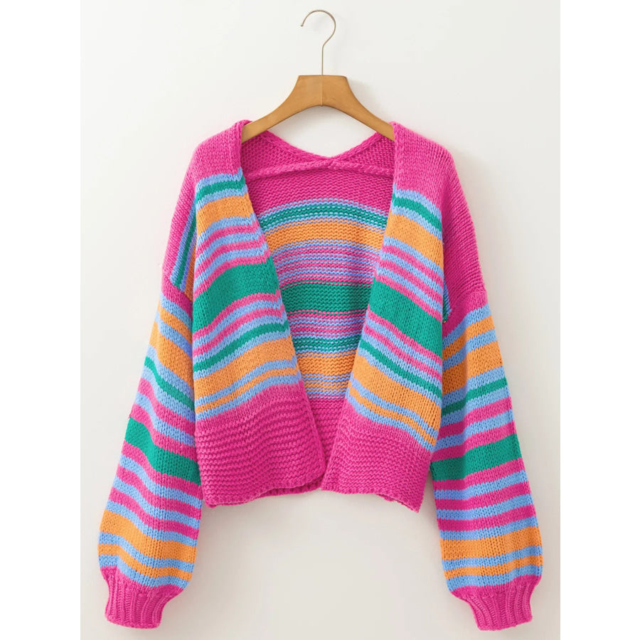 Stripe Colorful Puff Sleeve Drop Shoulder Loose Cardigan Apparel and Accessories