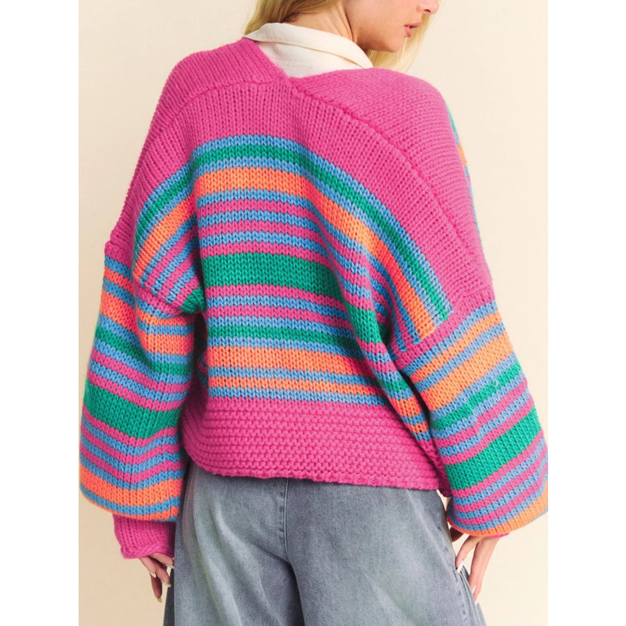 Stripe Colorful Puff Sleeve Drop Shoulder Loose Cardigan Apparel and Accessories