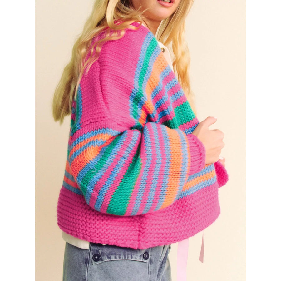 Stripe Colorful Puff Sleeve Drop Shoulder Loose Cardigan Apparel and Accessories