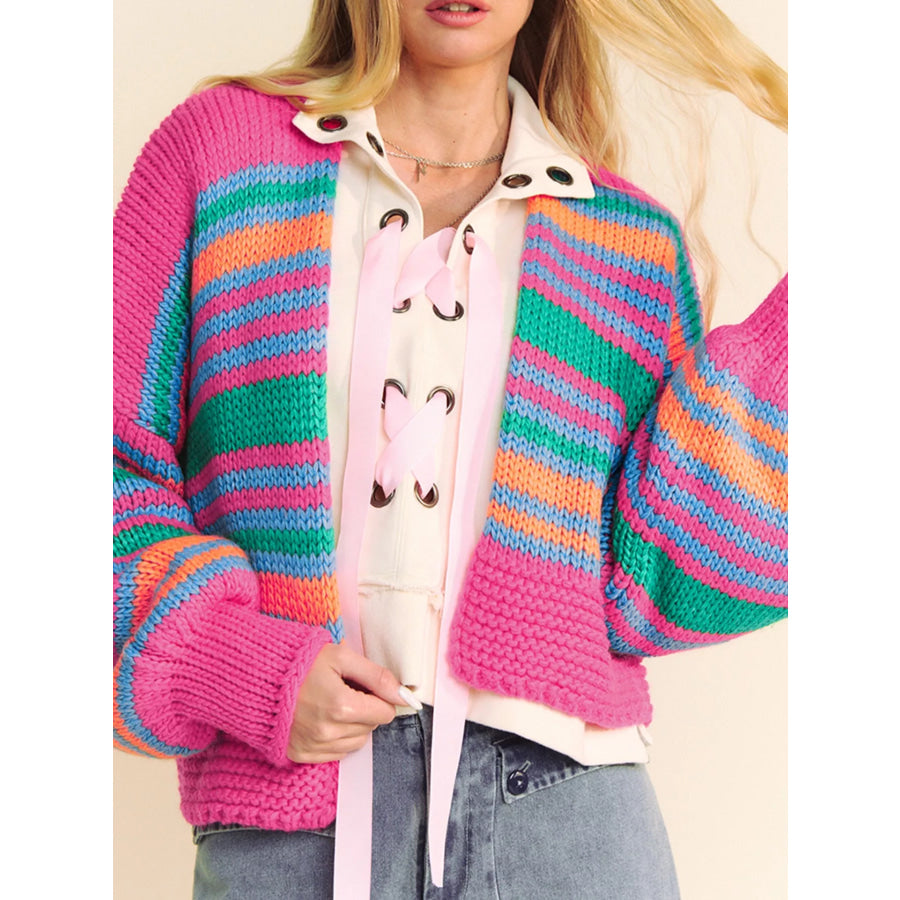 Stripe Colorful Puff Sleeve Drop Shoulder Loose Cardigan Hot Pink / M Apparel and Accessories