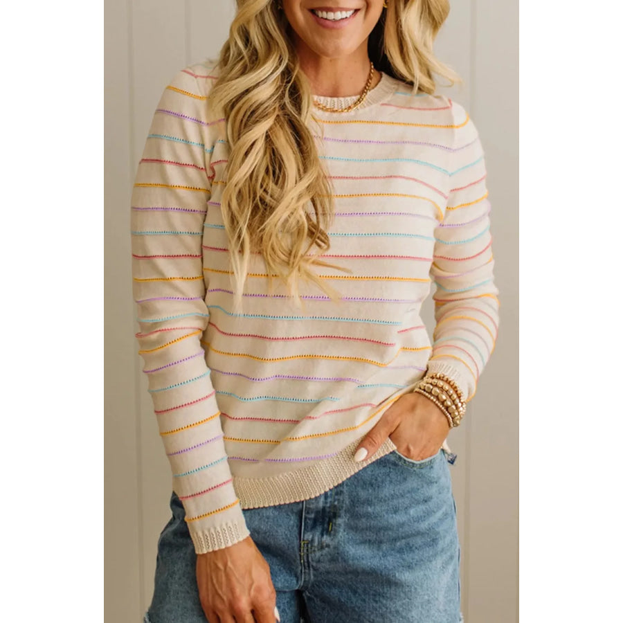 Stripe Colorful Stripes Crew Neck Knit Sweater Beige / S Apparel and Accessories