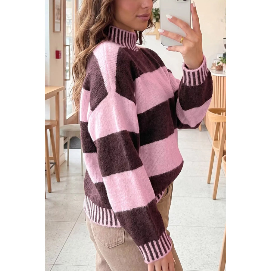 Stripe Contrast High Neck Dropped Shoulder Relaxed Sweater Apparel and Accessories