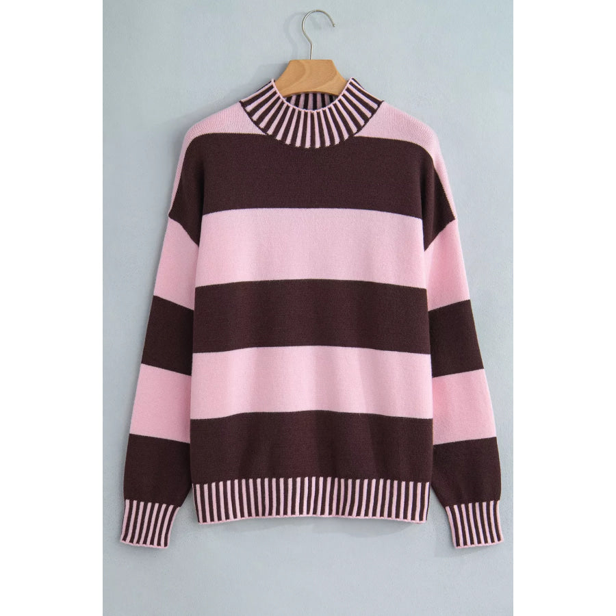 Stripe Contrast High Neck Dropped Shoulder Relaxed Sweater Apparel and Accessories
