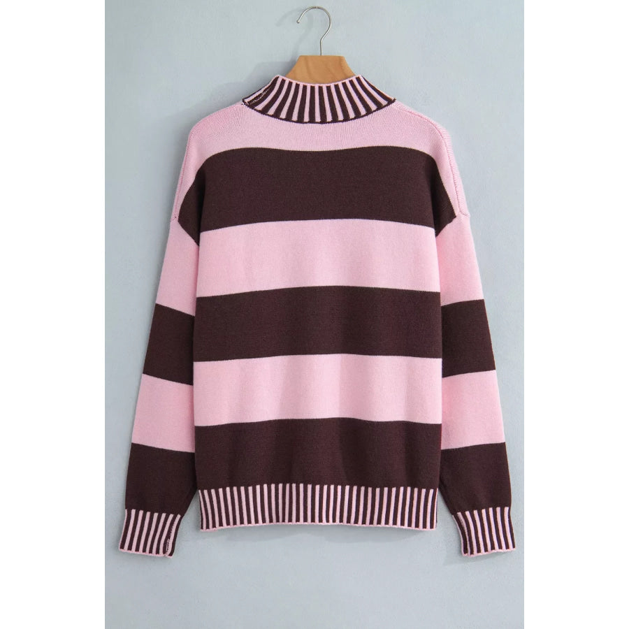 Stripe Contrast High Neck Dropped Shoulder Relaxed Sweater Apparel and Accessories