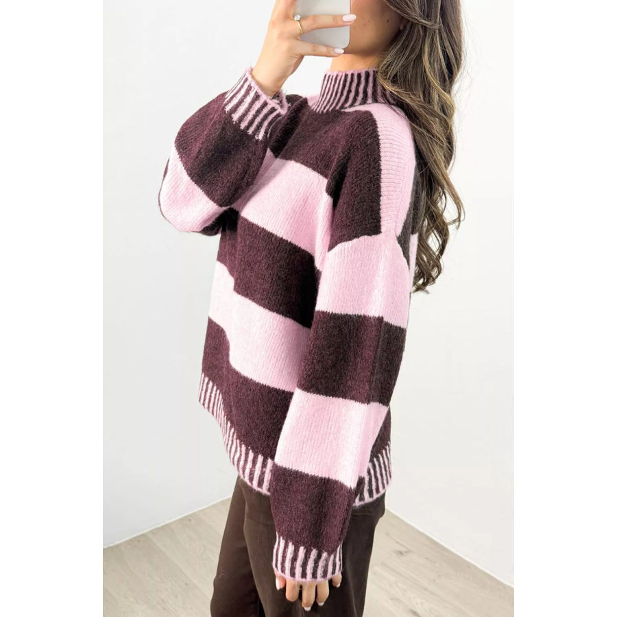 Stripe Contrast High Neck Dropped Shoulder Relaxed Sweater Apparel and Accessories