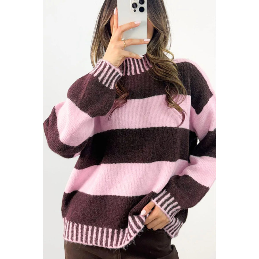 Stripe Contrast High Neck Dropped Shoulder Relaxed Sweater Apparel and Accessories
