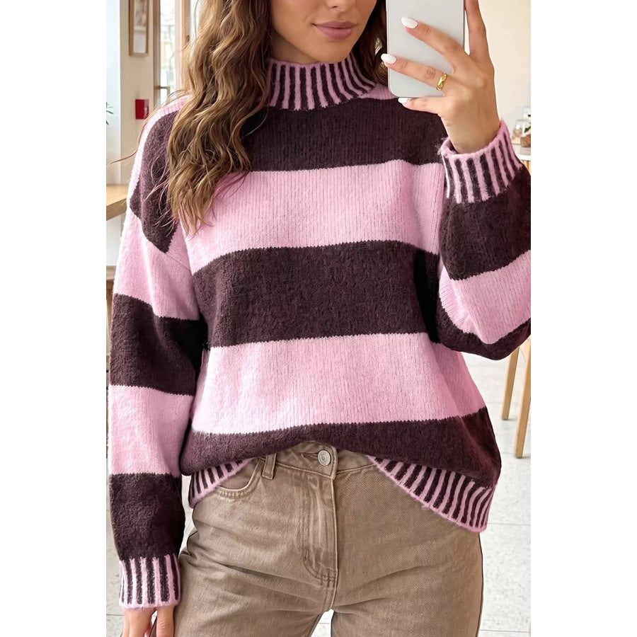 Stripe Contrast High Neck Dropped Shoulder Relaxed Sweater Blush Pink / S Apparel and Accessories