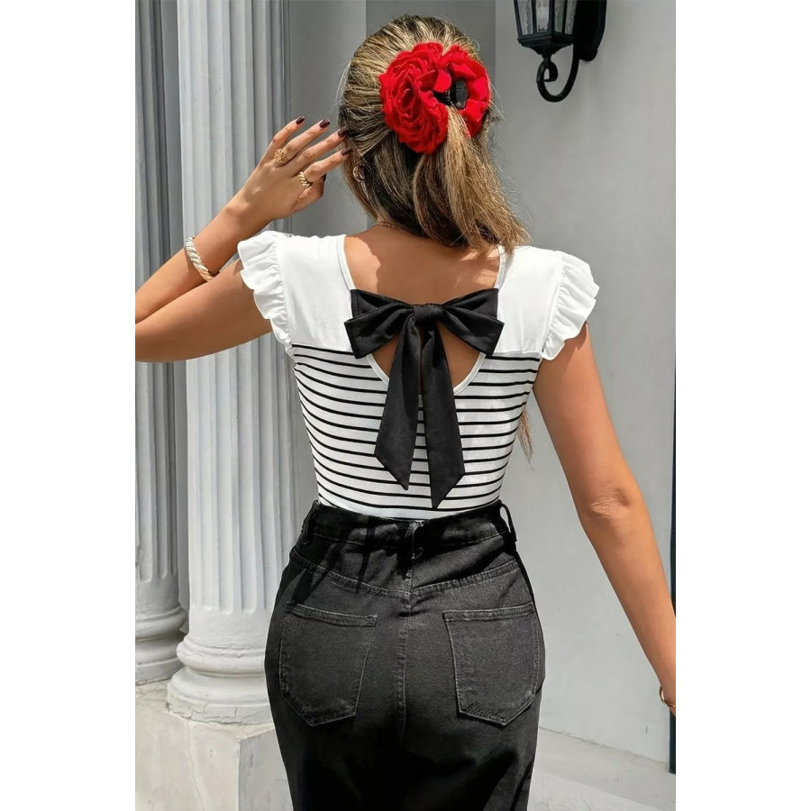 Stripe Contrast Knot Back Ruffle Trim Tank Top Apparel and Accessories