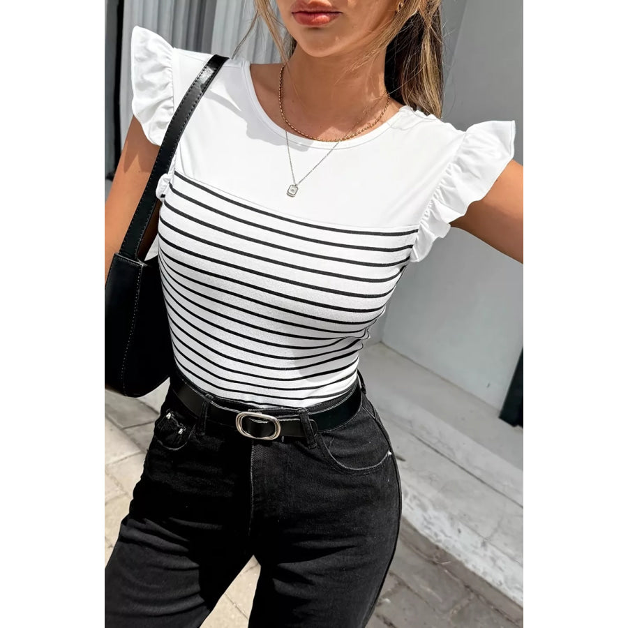 Stripe Contrast Knot Back Ruffle Trim Tank Top Apparel and Accessories
