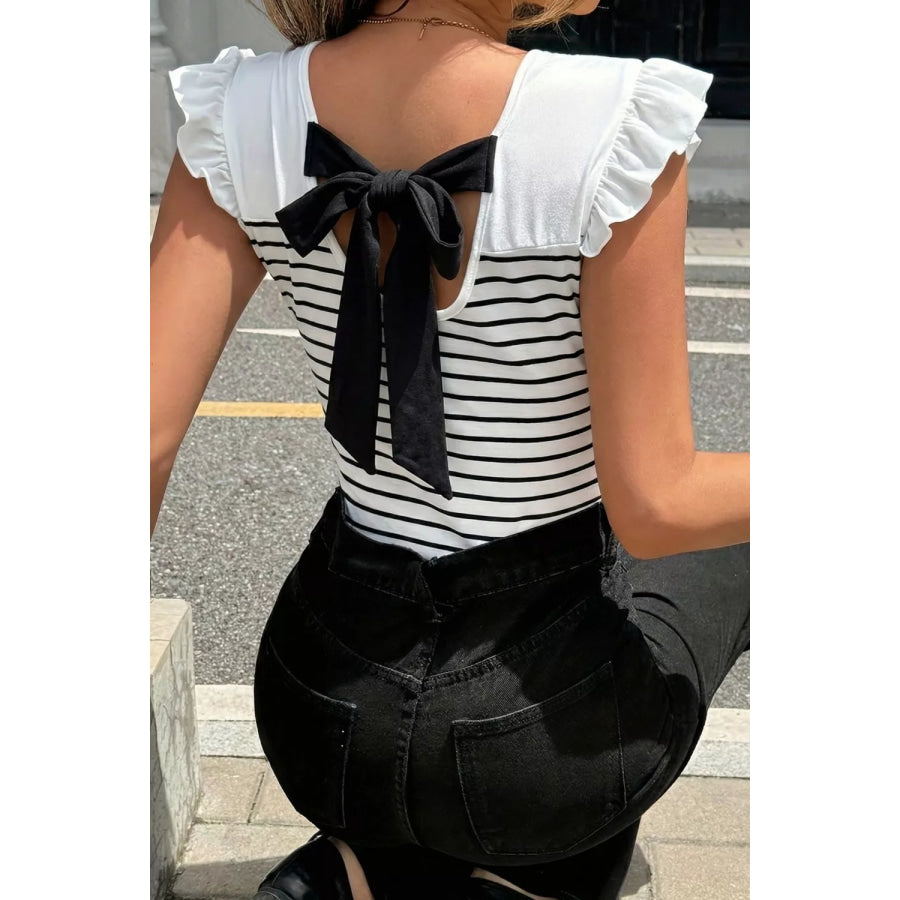Stripe Contrast Knot Back Ruffle Trim Tank Top White / S Apparel and Accessories