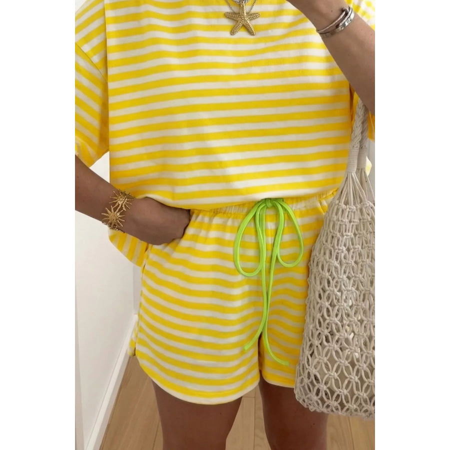 Stripe Contrast Neck Loose Tee and Drawstring Shorts Set Apparel and Accessories