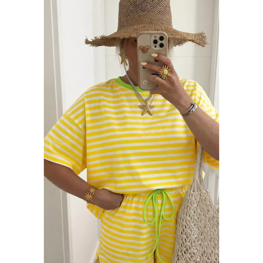 Stripe Contrast Neck Loose Tee and Drawstring Shorts Set Apparel and Accessories