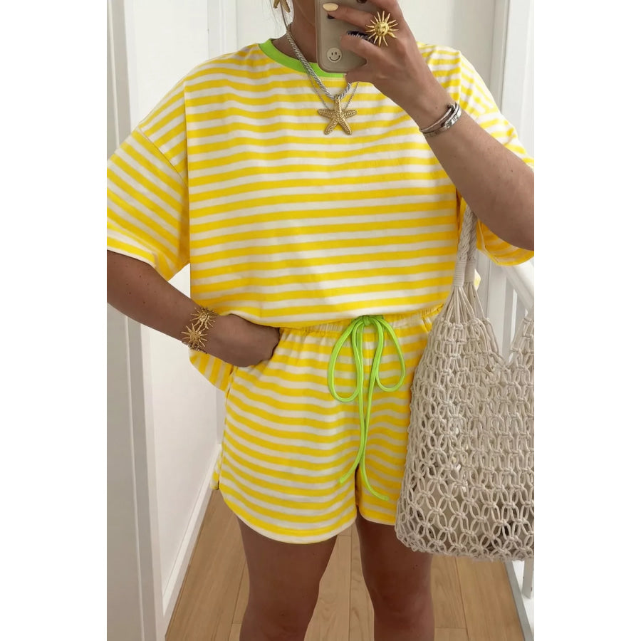 Stripe Contrast Neck Loose Tee and Drawstring Shorts Set Light Yellow / S Apparel and Accessories