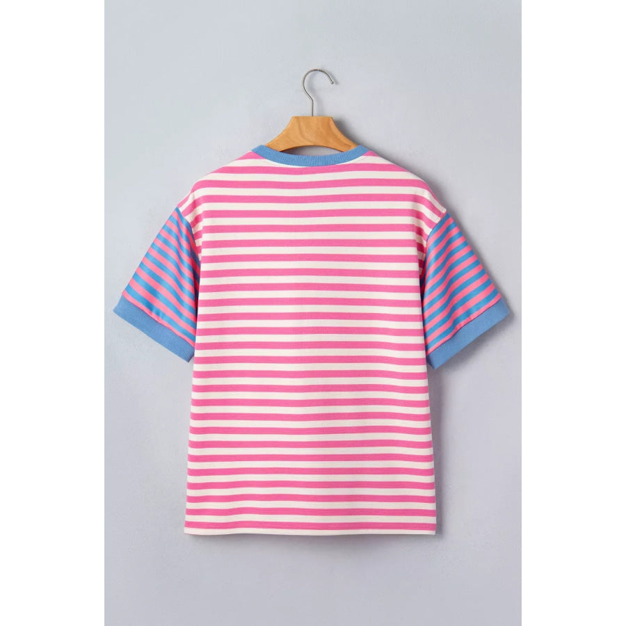 Stripe Contrast Patchwork Short Sleeve Loose Tee Apparel and Accessories