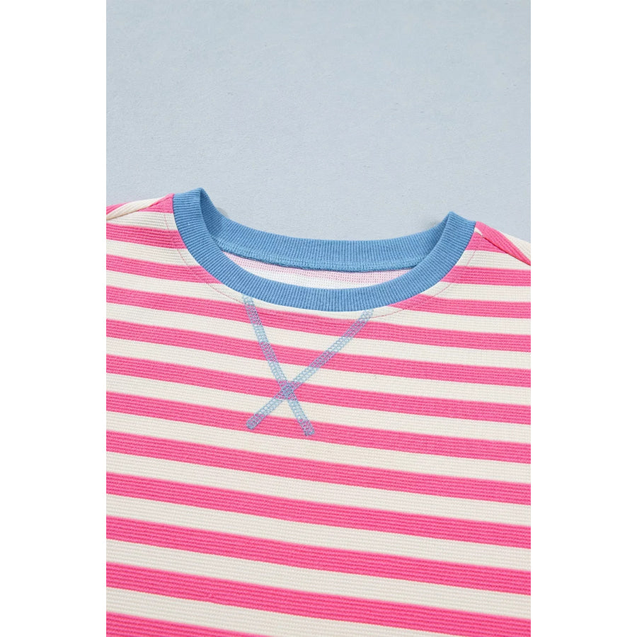 Stripe Contrast Patchwork Short Sleeve Loose Tee Apparel and Accessories