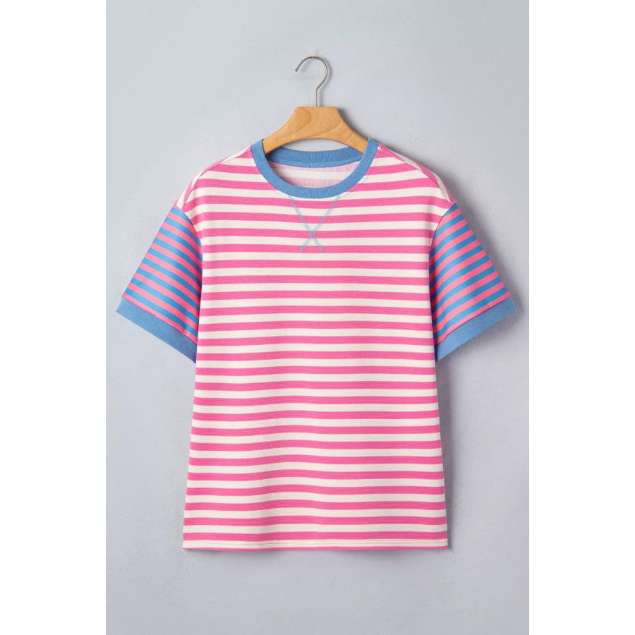 Stripe Contrast Patchwork Short Sleeve Loose Tee Apparel and Accessories