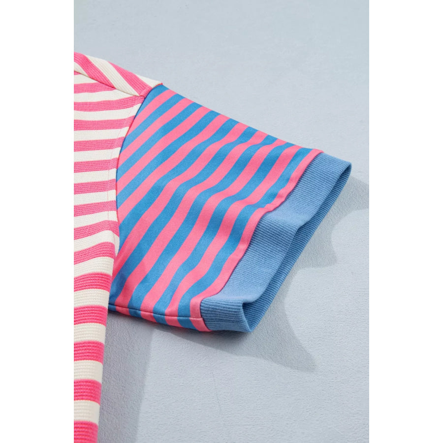 Stripe Contrast Patchwork Short Sleeve Loose Tee Apparel and Accessories