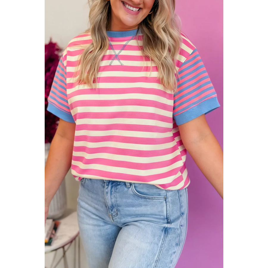 Stripe Contrast Patchwork Short Sleeve Loose Tee Apparel and Accessories