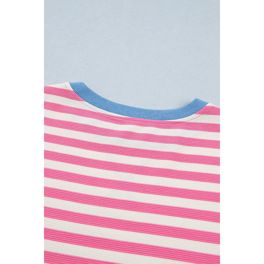 Stripe Contrast Patchwork Short Sleeve Loose Tee Apparel and Accessories