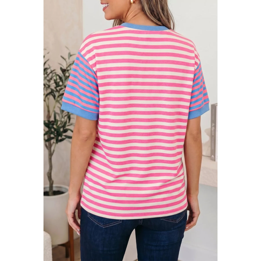 Stripe Contrast Patchwork Short Sleeve Loose Tee Apparel and Accessories