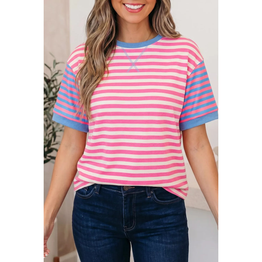 Stripe Contrast Patchwork Short Sleeve Loose Tee Dusty Pink / S Apparel and Accessories