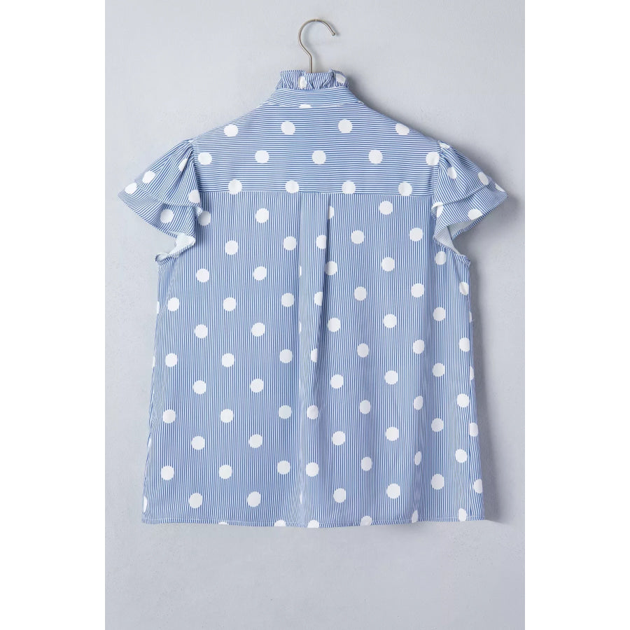 Stripe Contrast Polka Dot Print Pleated Ruffle Sleeve Shirt Apparel and Accessories