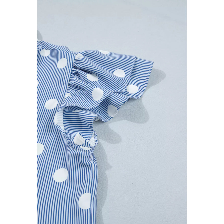 Stripe Contrast Polka Dot Print Pleated Ruffle Sleeve Shirt Apparel and Accessories
