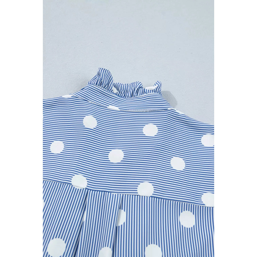 Stripe Contrast Polka Dot Print Pleated Ruffle Sleeve Shirt Apparel and Accessories