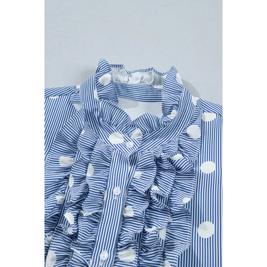 Stripe Contrast Polka Dot Print Pleated Ruffle Sleeve Shirt Apparel and Accessories