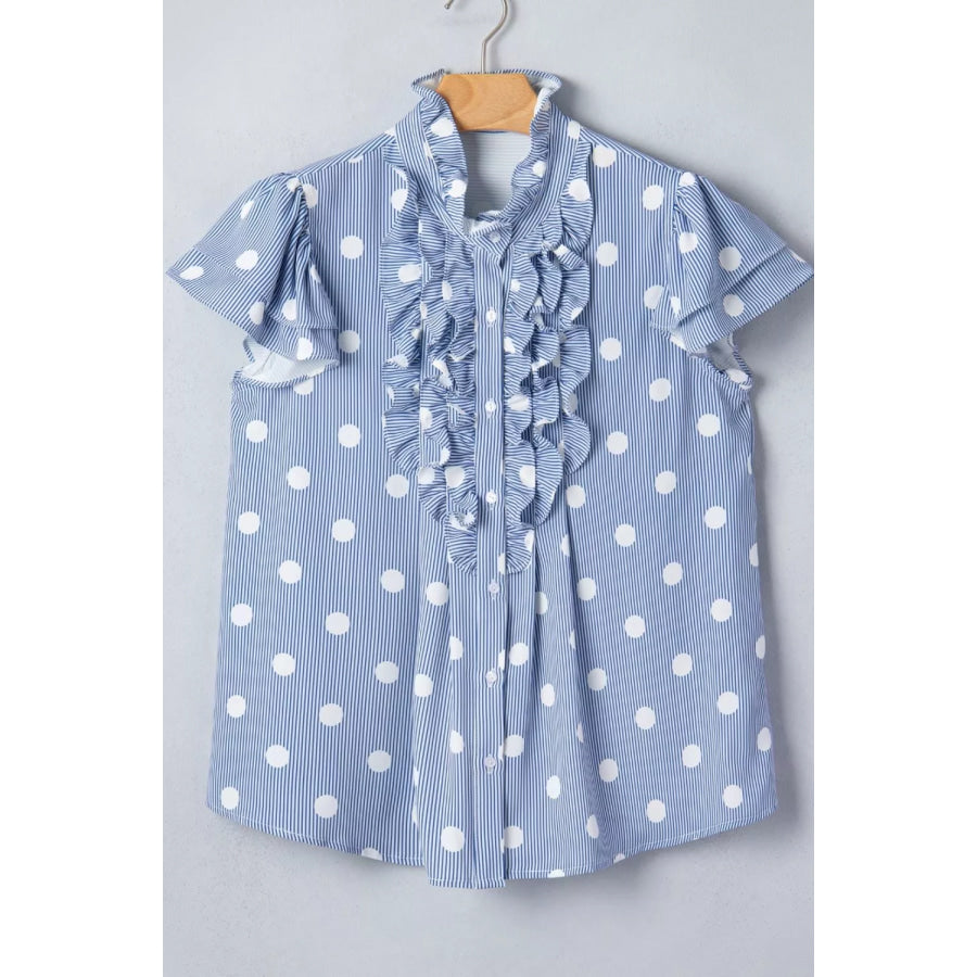 Stripe Contrast Polka Dot Print Pleated Ruffle Sleeve Shirt Apparel and Accessories