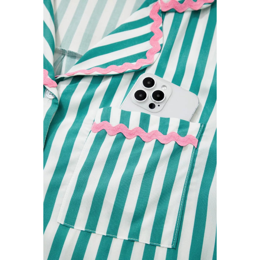 Stripe Contrast Ricrac Trim Long Sleeve Shirt Drawstring Ruffled Pajama Short Set Apparel and Accessories