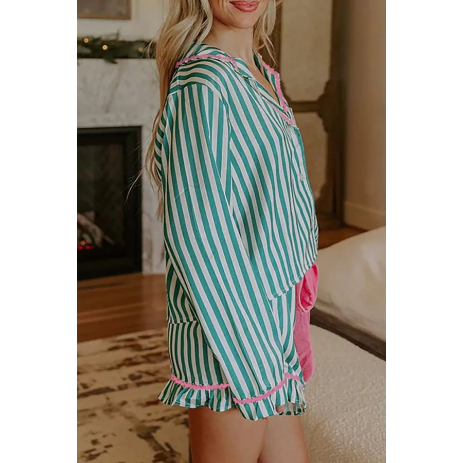 Stripe Contrast Ricrac Trim Long Sleeve Shirt Drawstring Ruffled Pajama Short Set Apparel and Accessories