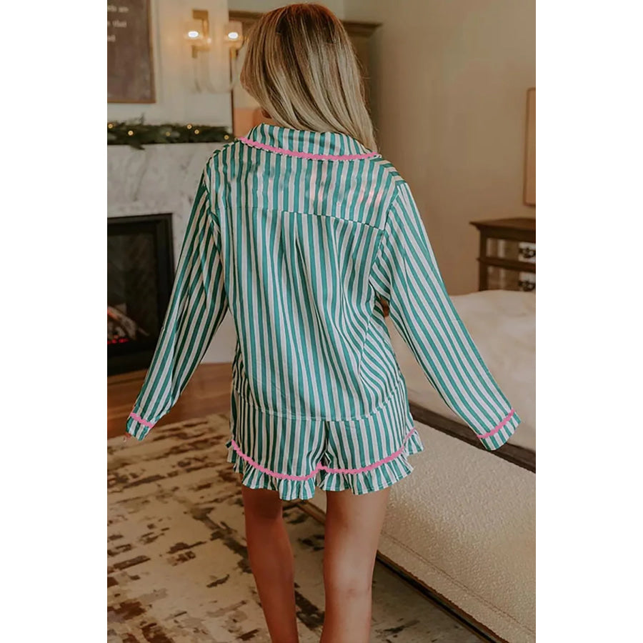 Stripe Contrast Ricrac Trim Long Sleeve Shirt Drawstring Ruffled Pajama Short Set Apparel and Accessories