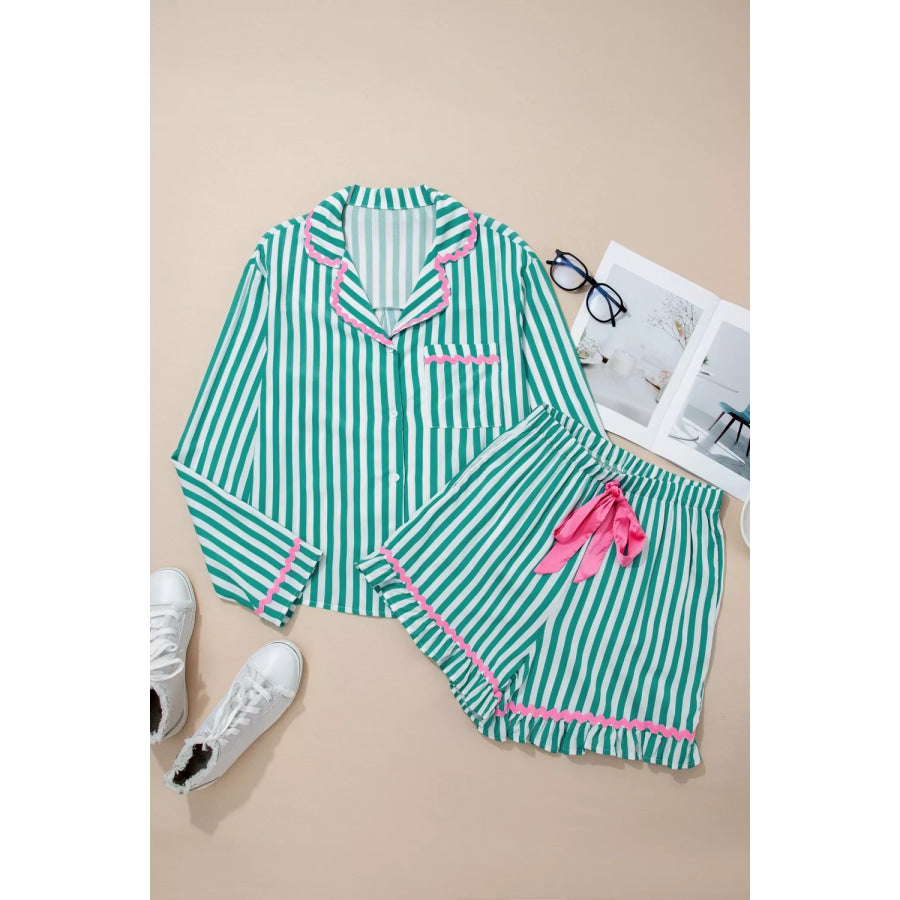 Stripe Contrast Ricrac Trim Long Sleeve Shirt Drawstring Ruffled Pajama Short Set Apparel and Accessories