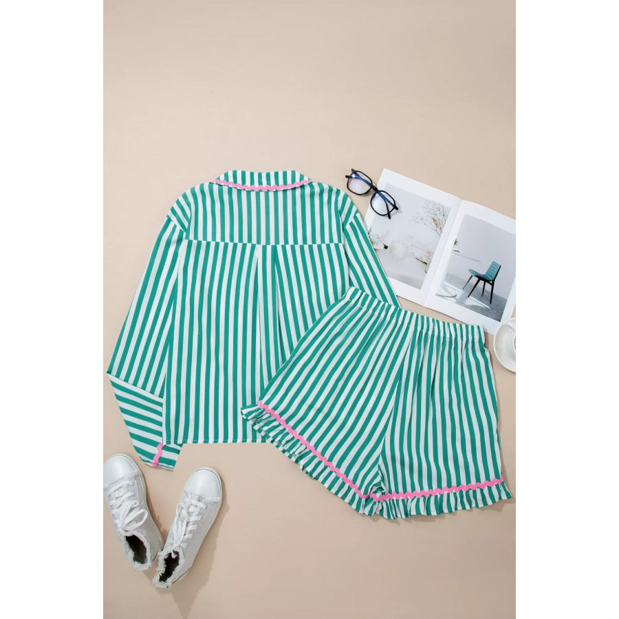Stripe Contrast Ricrac Trim Long Sleeve Shirt Drawstring Ruffled Pajama Short Set Apparel and Accessories