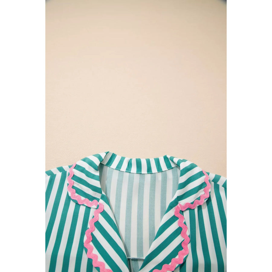 Stripe Contrast Ricrac Trim Long Sleeve Shirt Drawstring Ruffled Pajama Short Set Apparel and Accessories