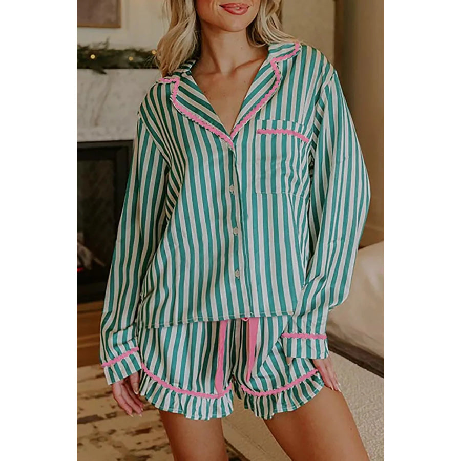 Stripe Contrast Ricrac Trim Long Sleeve Shirt Drawstring Ruffled Pajama Short Set Turquoise / S Apparel and Accessories